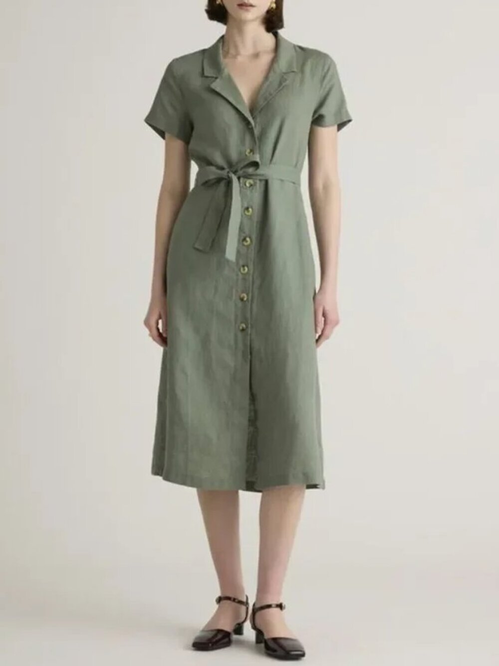 Quince European Linen Button Front Dress Size XS Short Sleeve Light Cargo Green